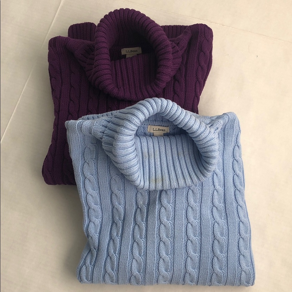 L.L. Bean Two Cotton Cable Knit Turtleneck Sweaters Purple and Blue Medium - Picture 12 of 12